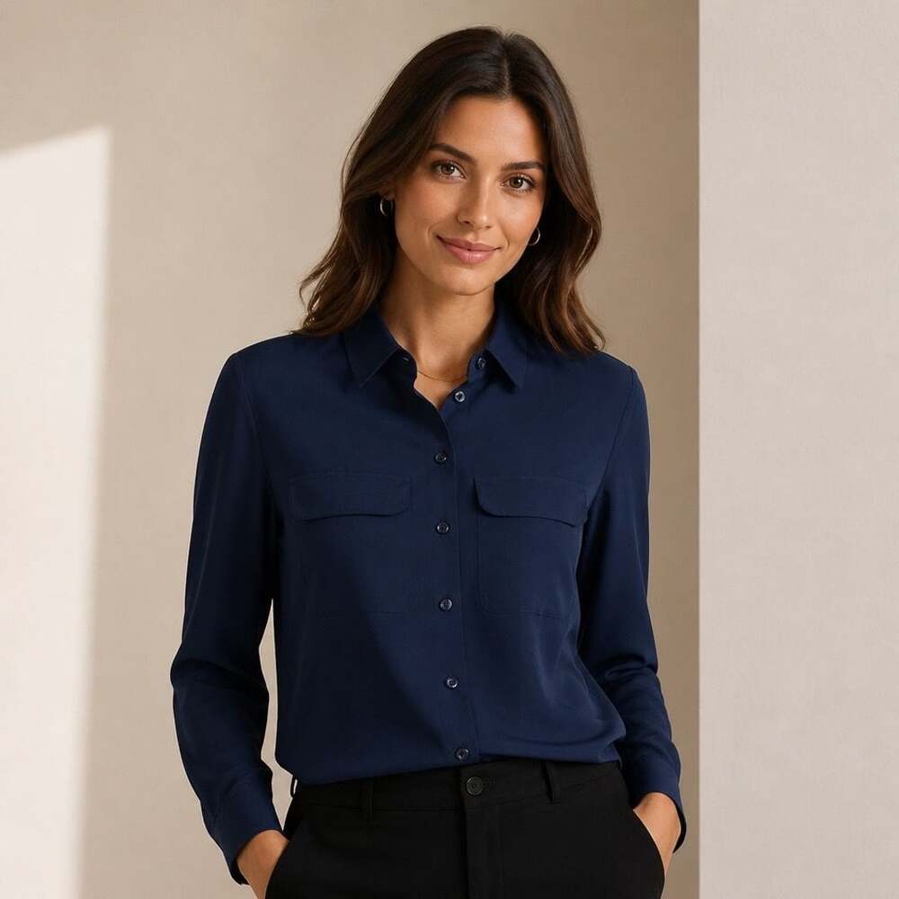 Liz Claiborne Collection Navy Blue 100% Silk Long Sleeve Button-Up Shirt Size 6